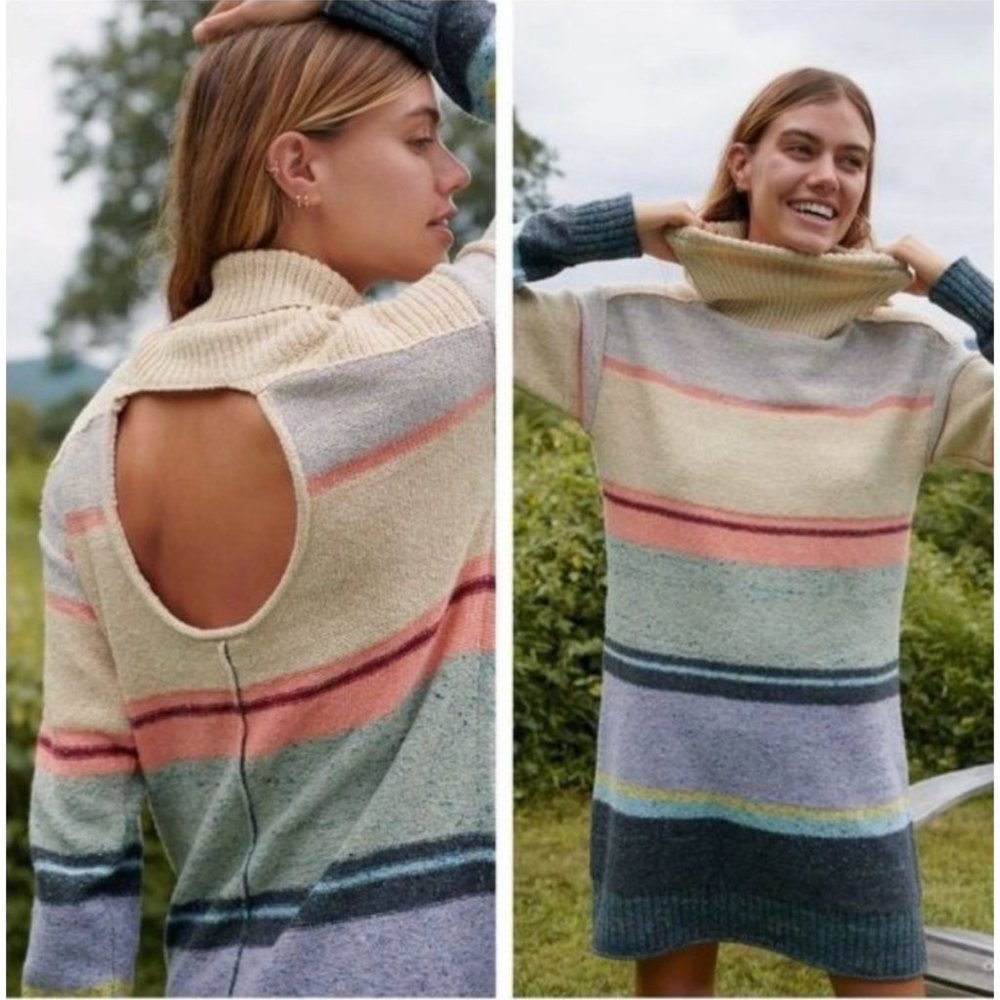 Striped Knit Turtleneck Dress